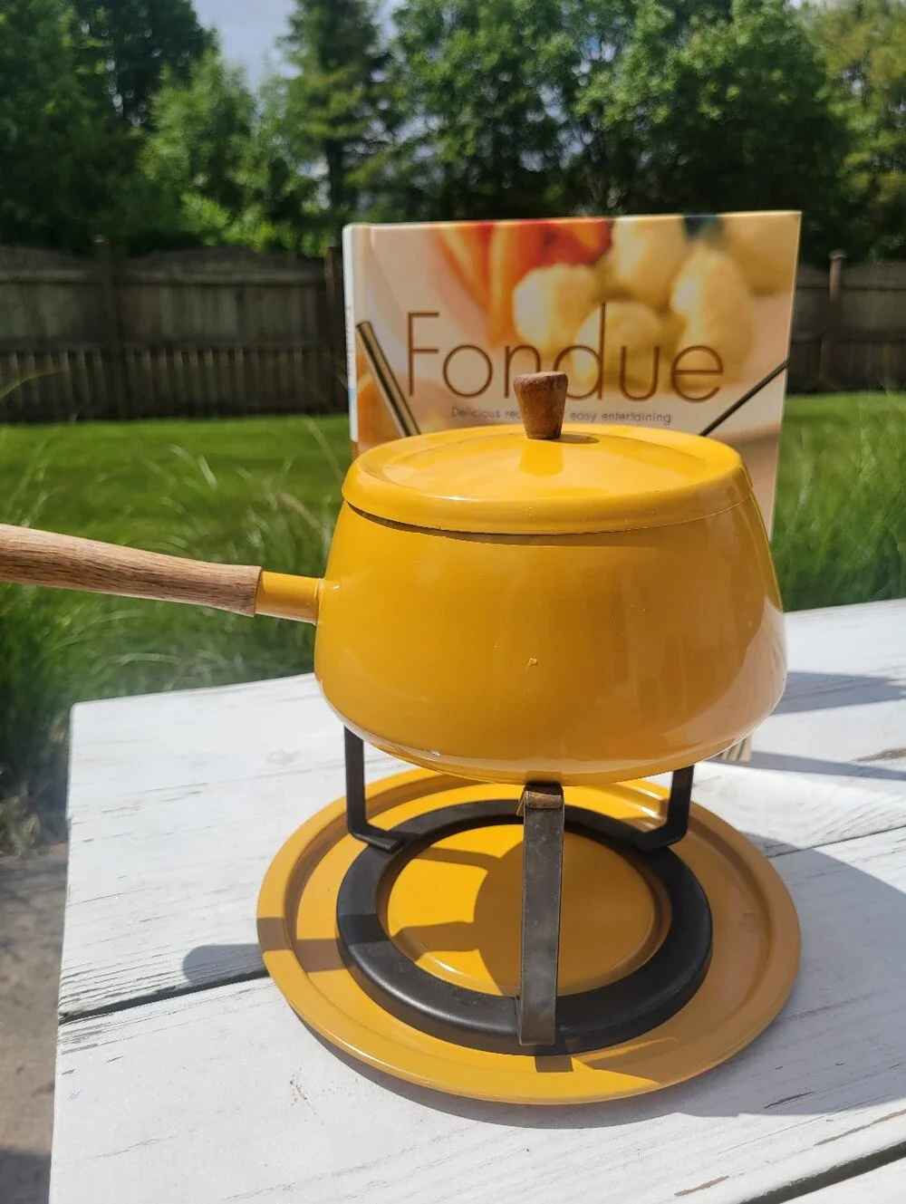 Fondue Pot Bundle Vintage Yellow Fondue Pot Forks Skewers Cookbook